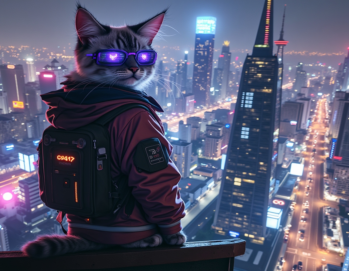 Cat stands on a futuristic skyscraper rooftop, wearing glowing cybernetic goggles. A neon-lit cityscape with flying cars and holograms stretches below.
